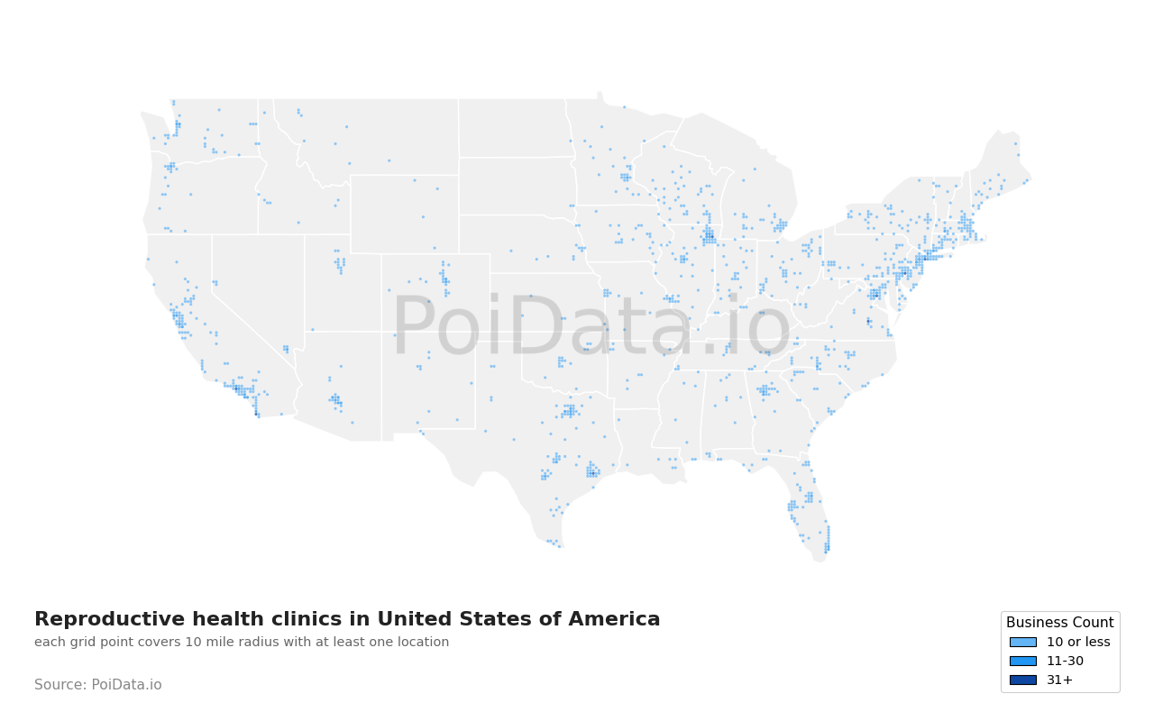 Reproductive health clinic density map for California, United States