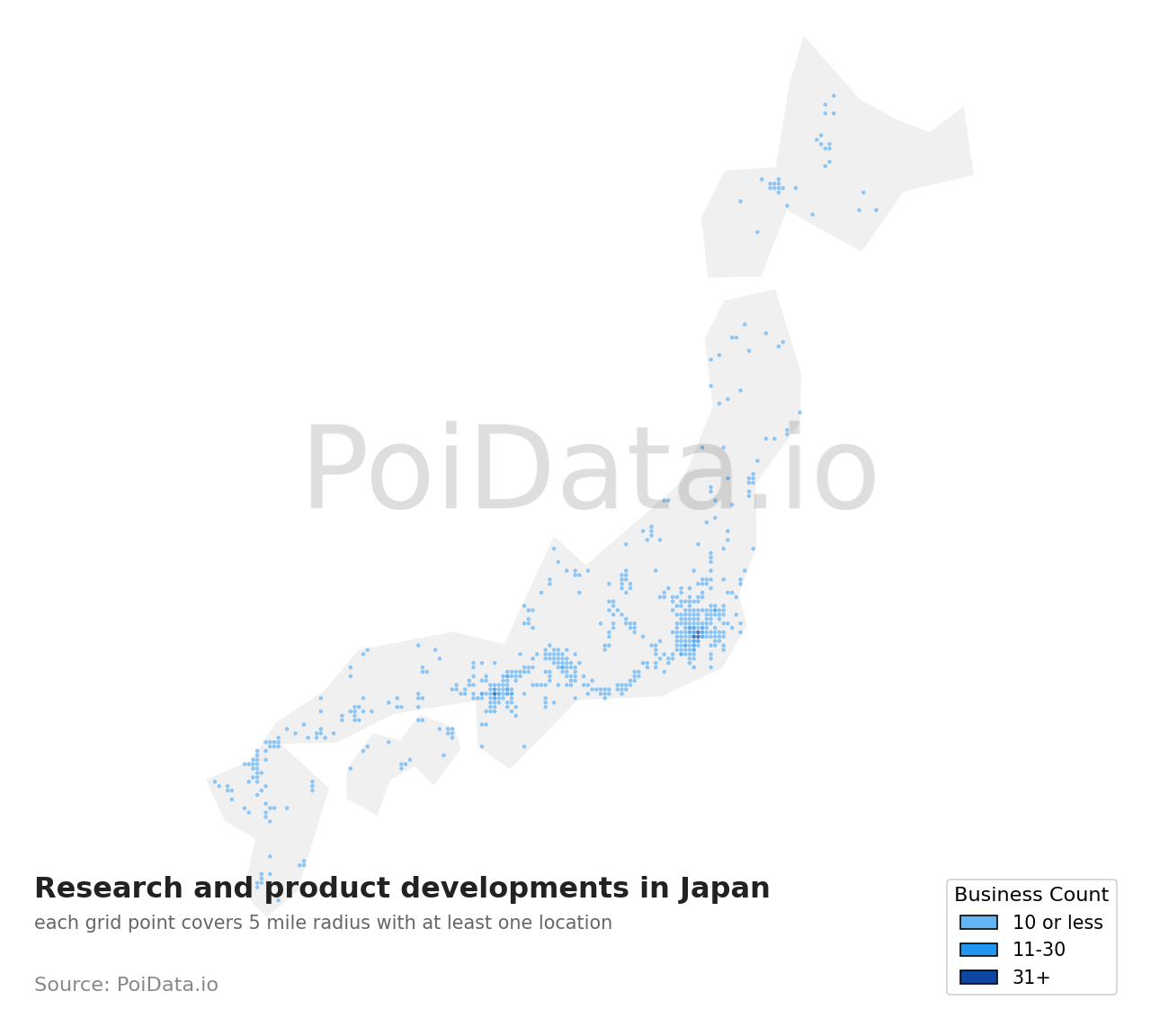 Research and product development density map for Japan