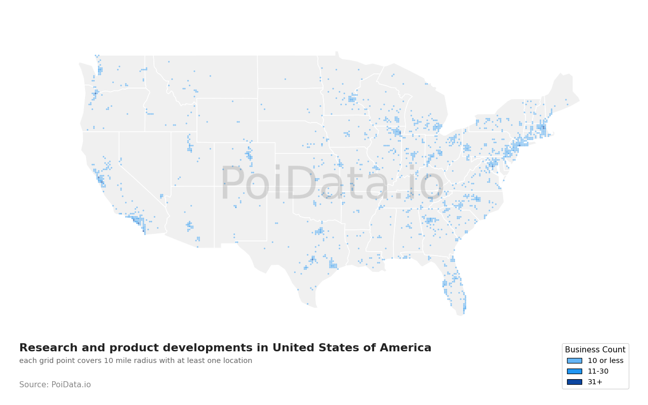 Research and product development density map for Maryland, United States