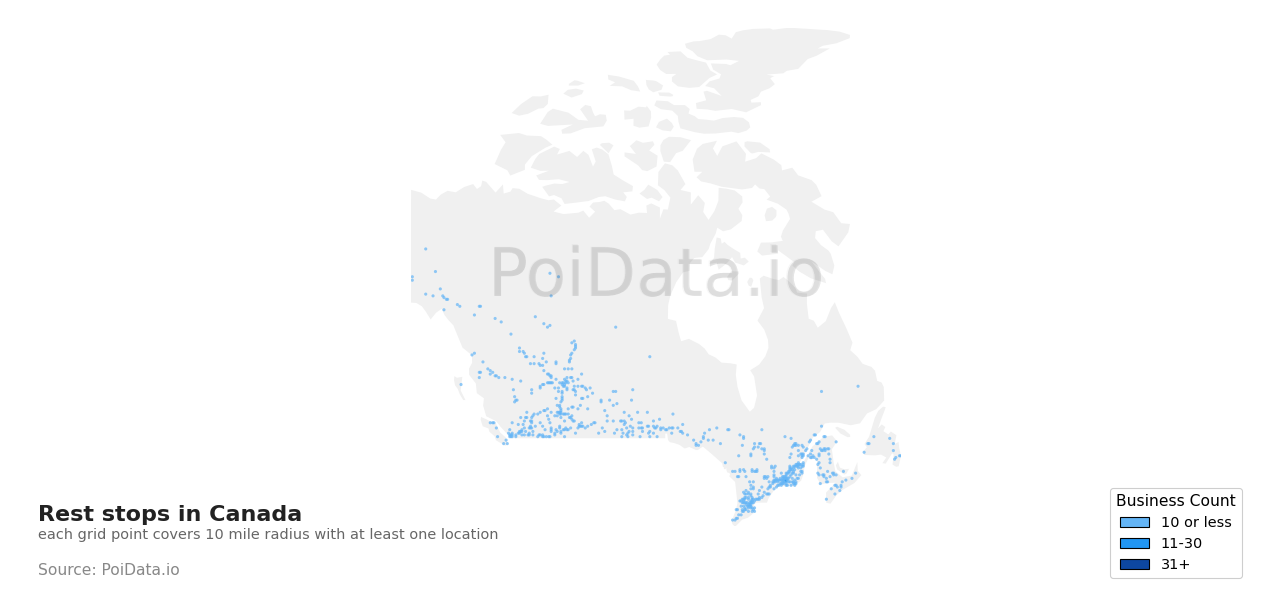 Rest stop density map for Quebec, Canada