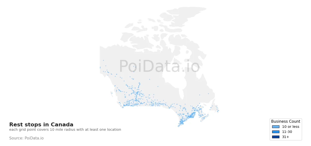 Rest stop density map for Canada