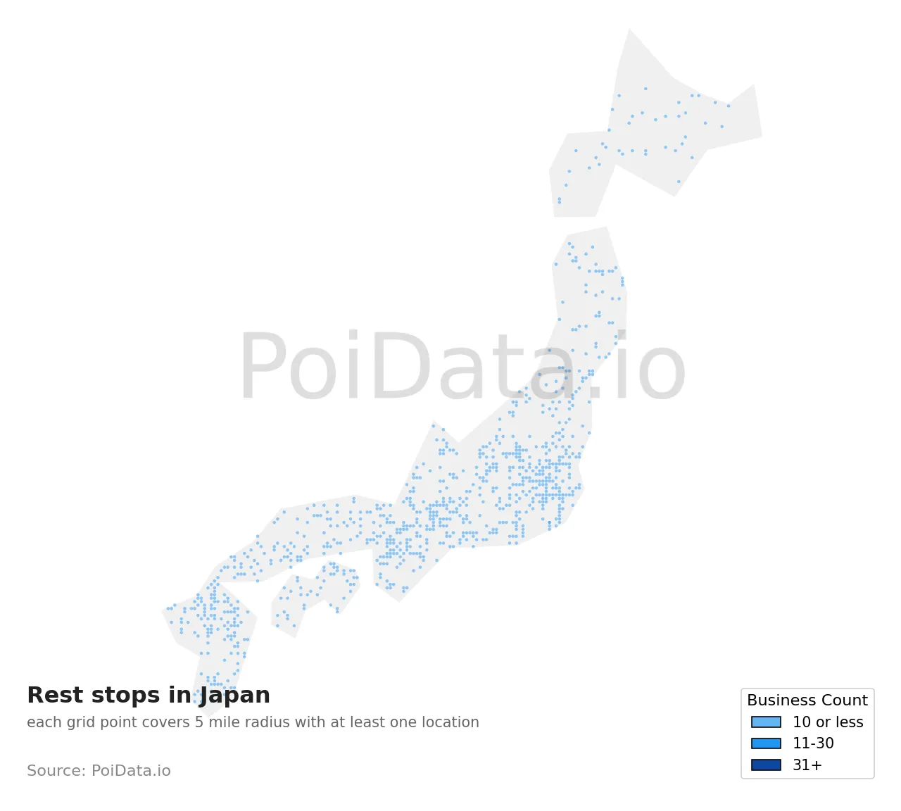 Rest stop density map for Japan