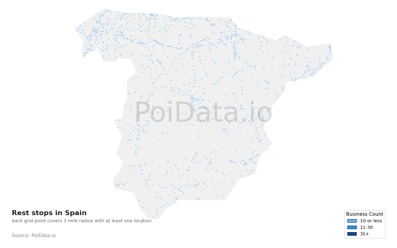 Rest stop density map for Spain