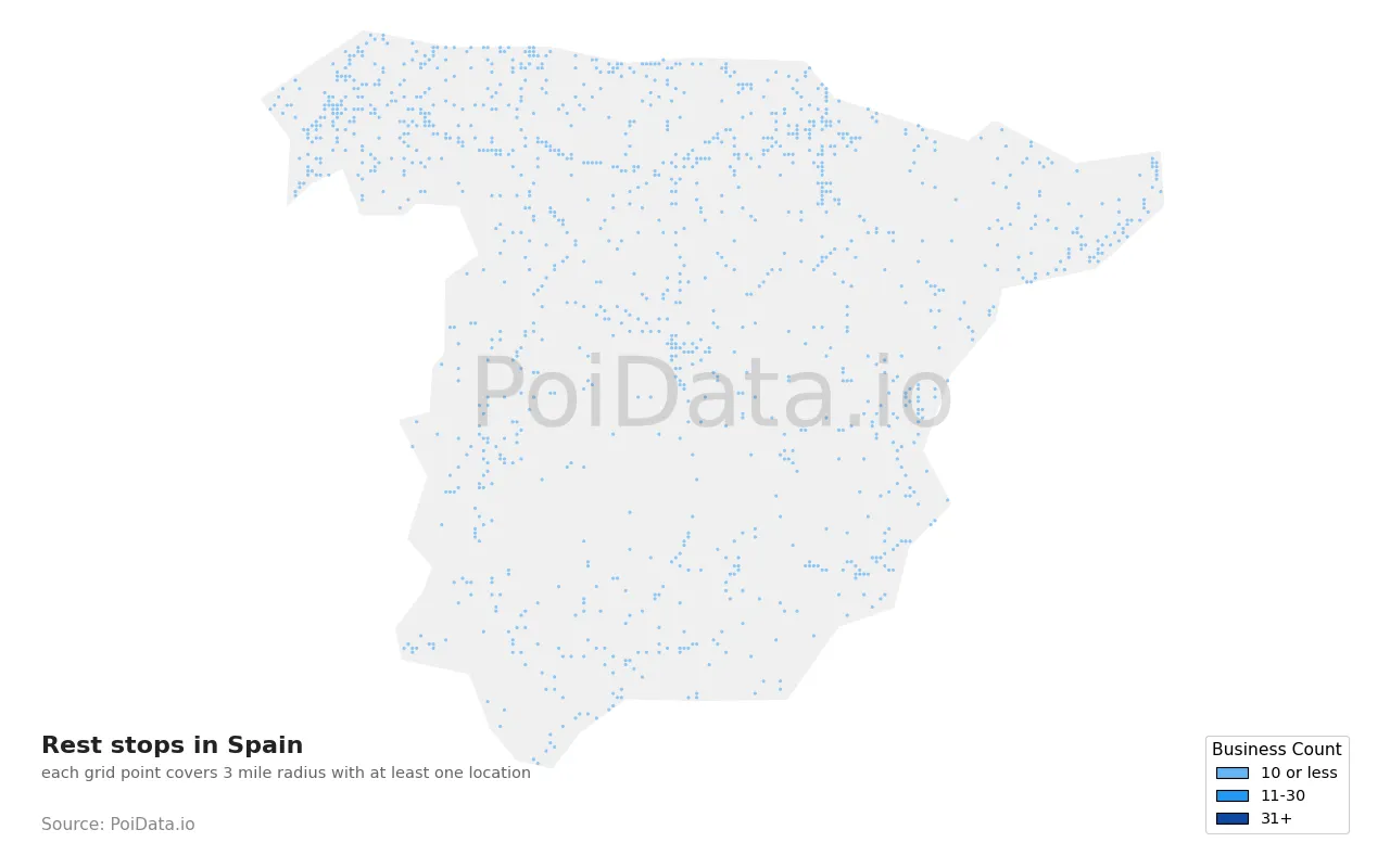 Rest stop density map for Spain