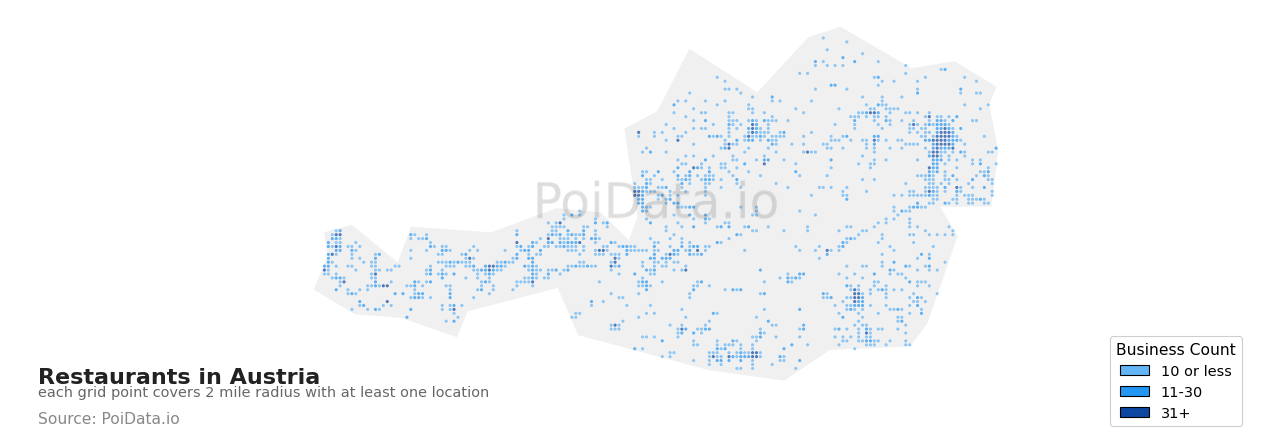 Restaurant density map for Austria