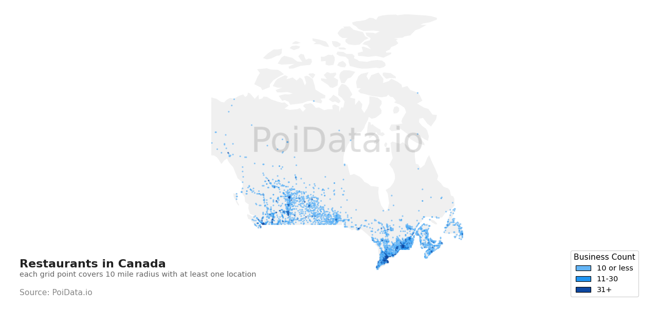 Restaurant density map for Canada