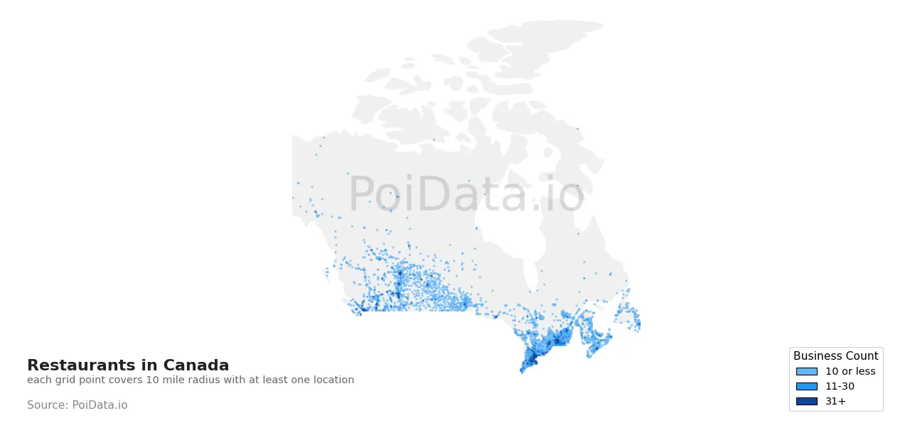 Restaurant density map for Canada