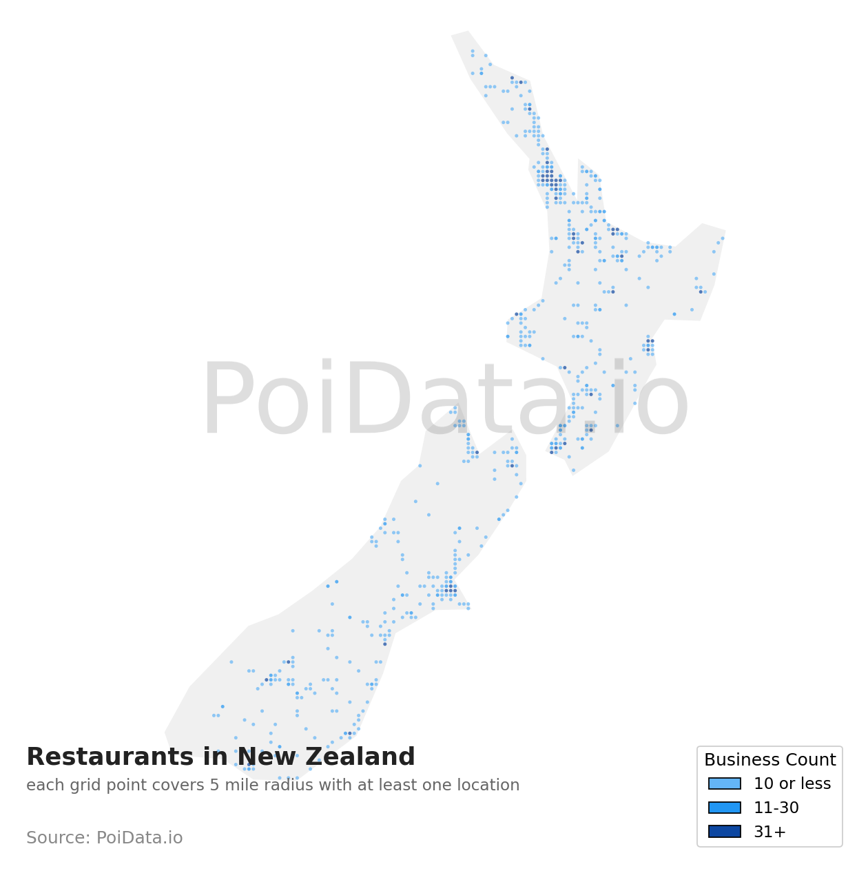 Restaurant density map for New Zealand