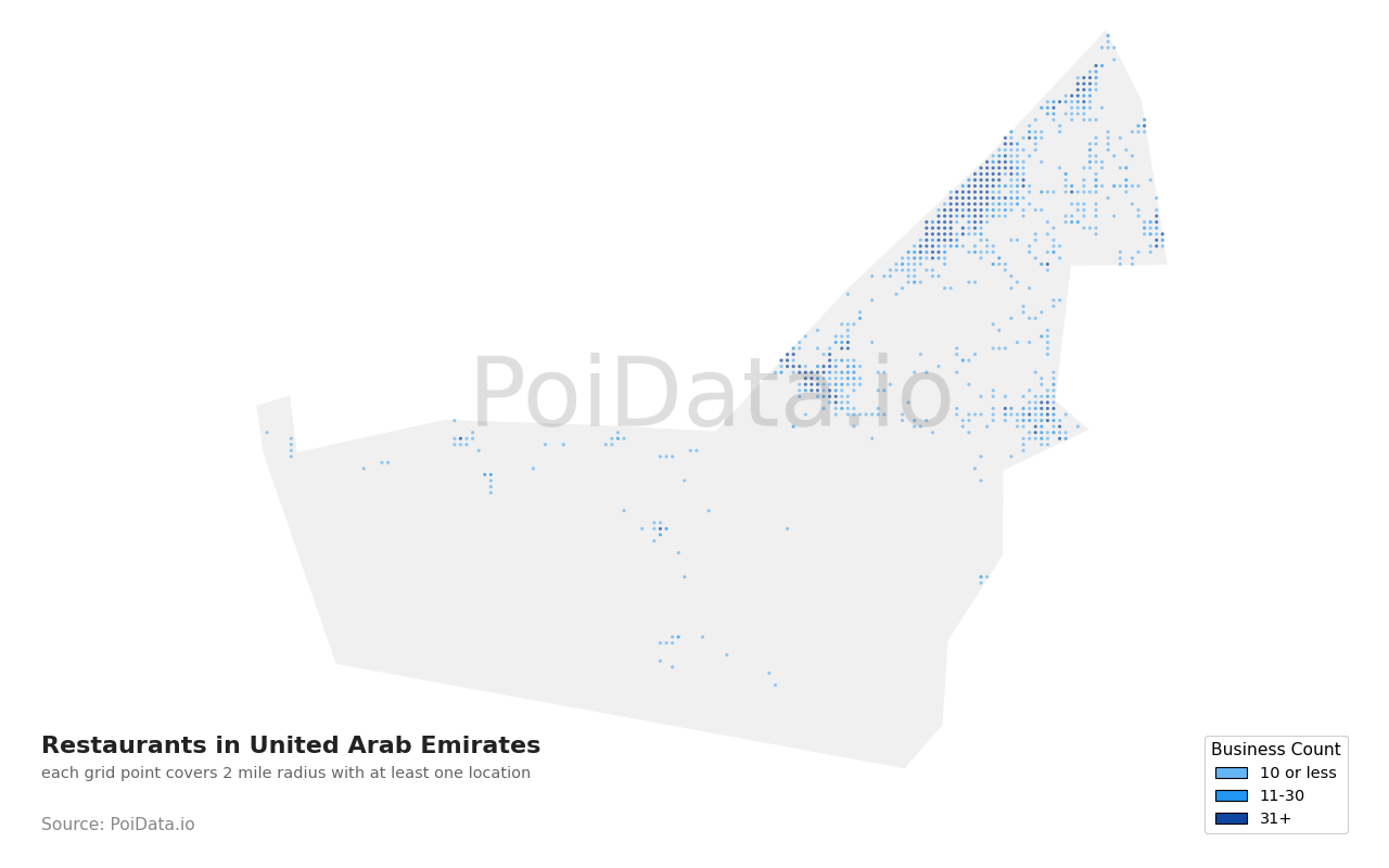 Restaurant density map for United Arab Emirates