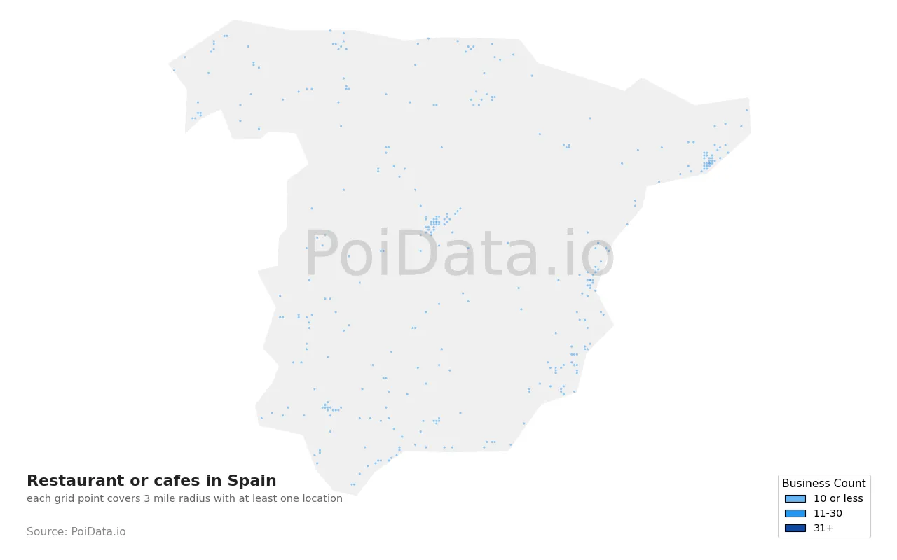 Restaurant or cafe density map for Spain