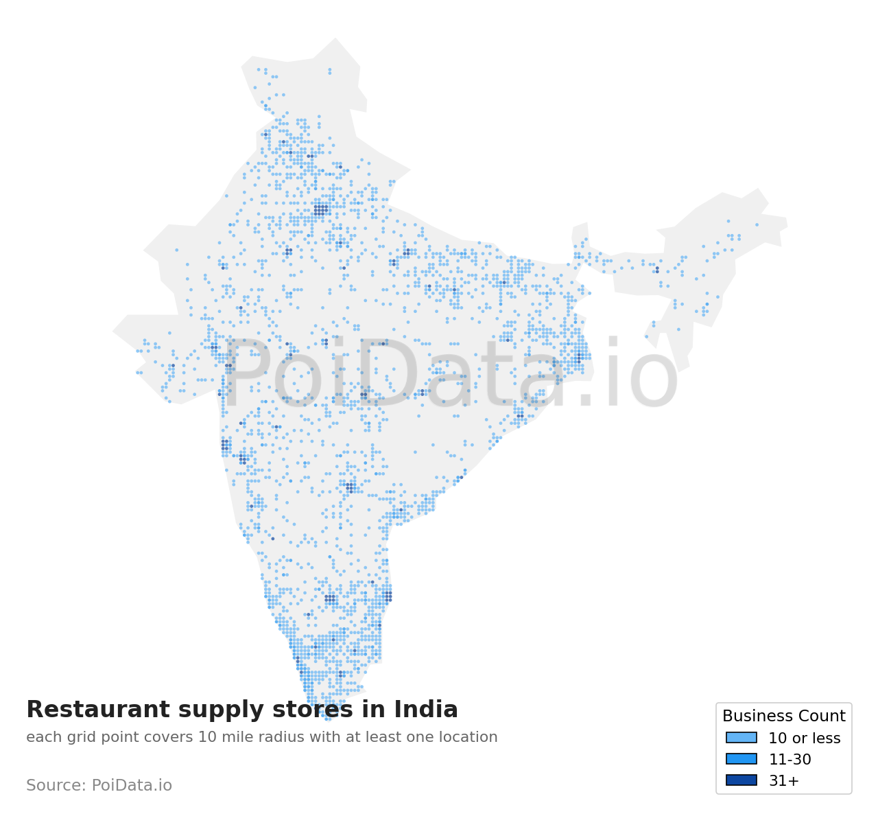 Restaurant supply store density map for India