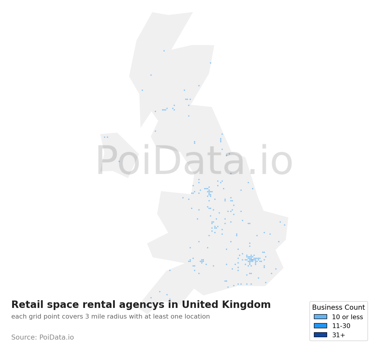 Retail space rental agency density map for United Kingdom