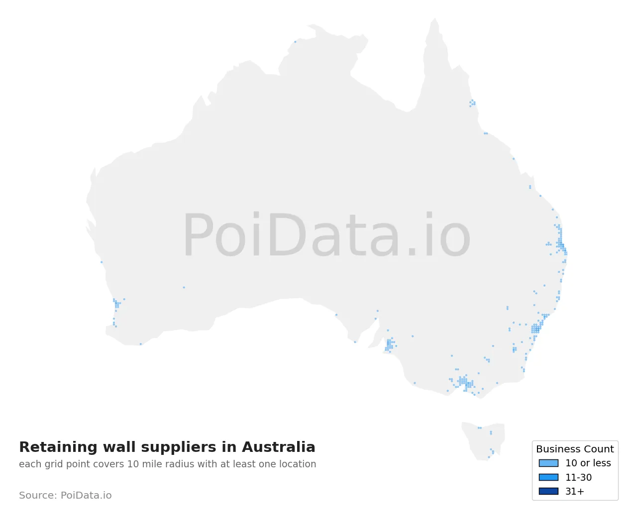 Retaining wall supplier density map for Australia