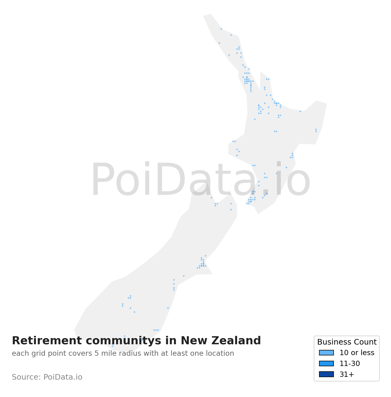 Retirement community density map for New Zealand