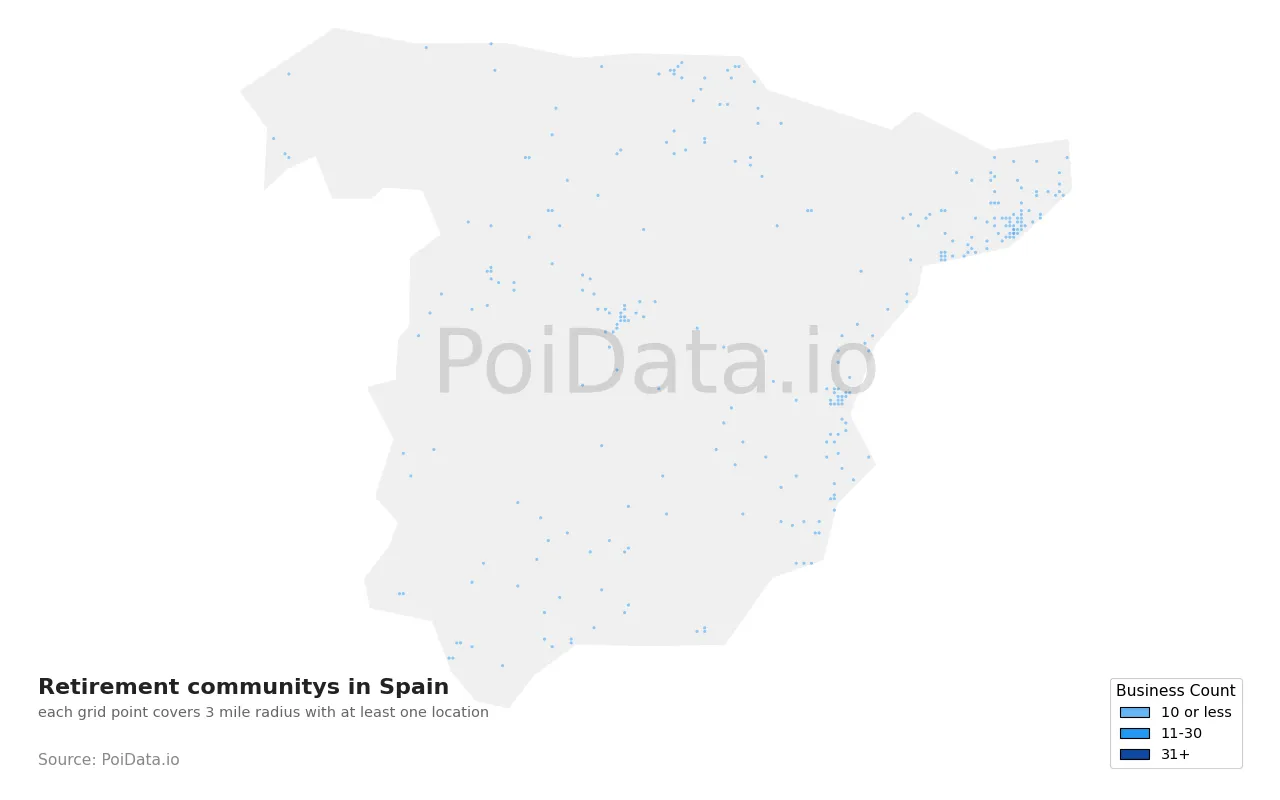Retirement community density map for Spain