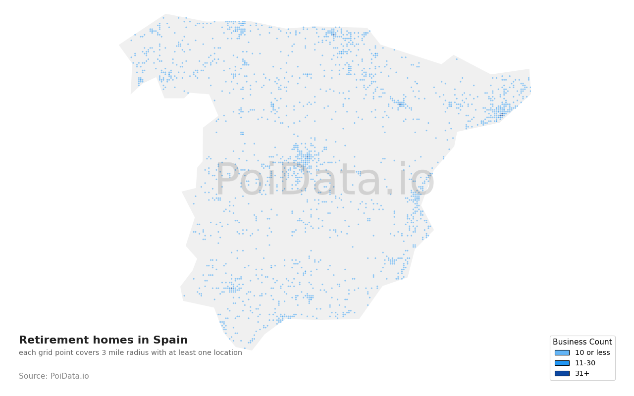 Retirement home density map for Spain