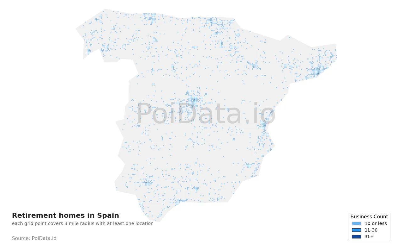 Retirement home density map for Spain