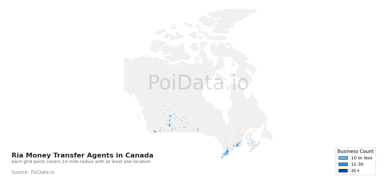 Ria Money Transfer Agent density map for Canada