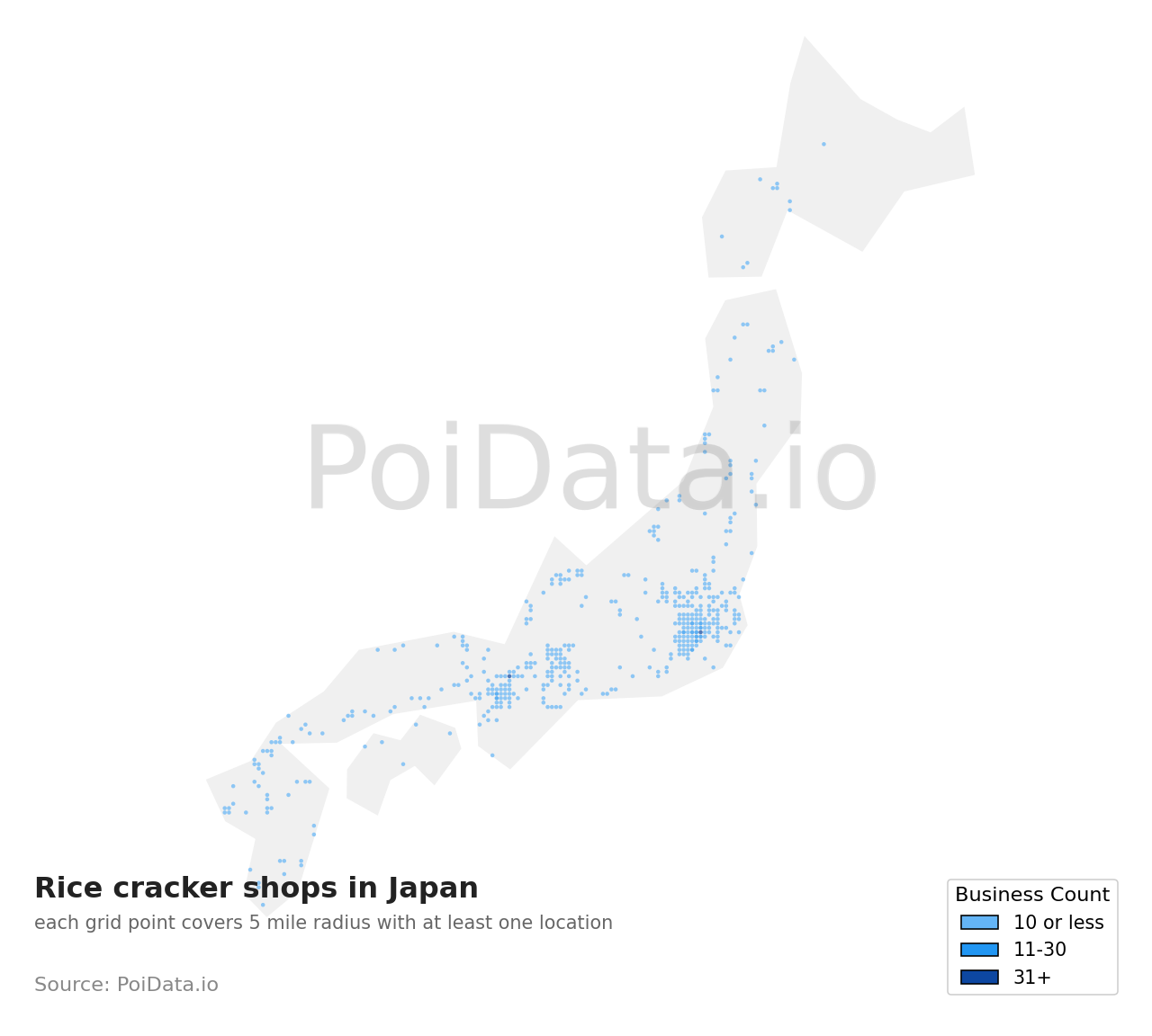 Rice cracker shop density map for Japan