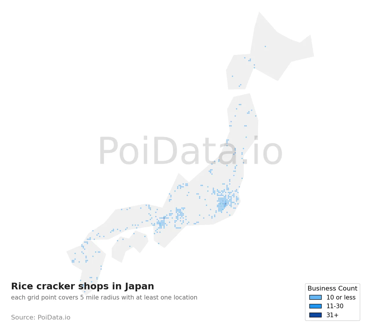 Rice cracker shop density map for Japan