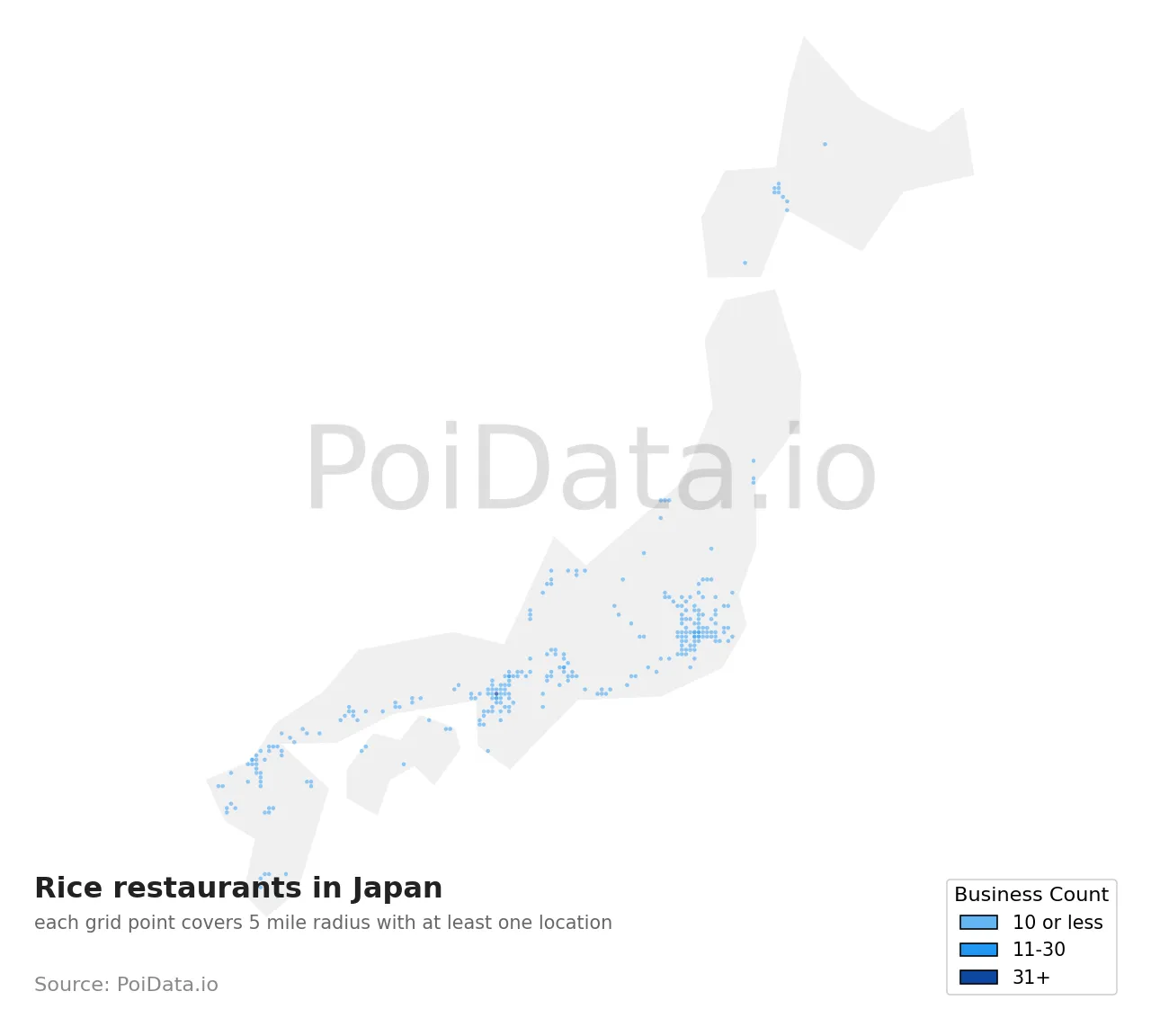 Rice restaurant density map for Japan