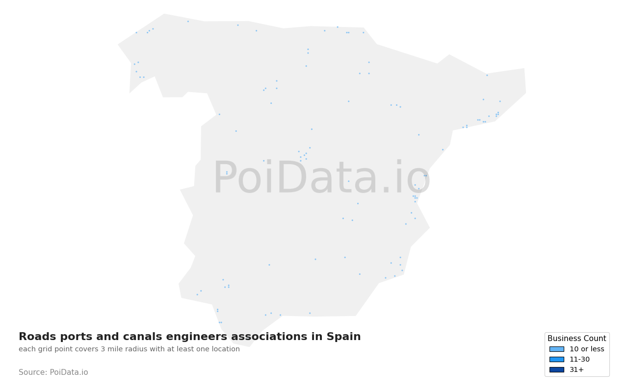 Roads ports and canals engineers association density map for Spain