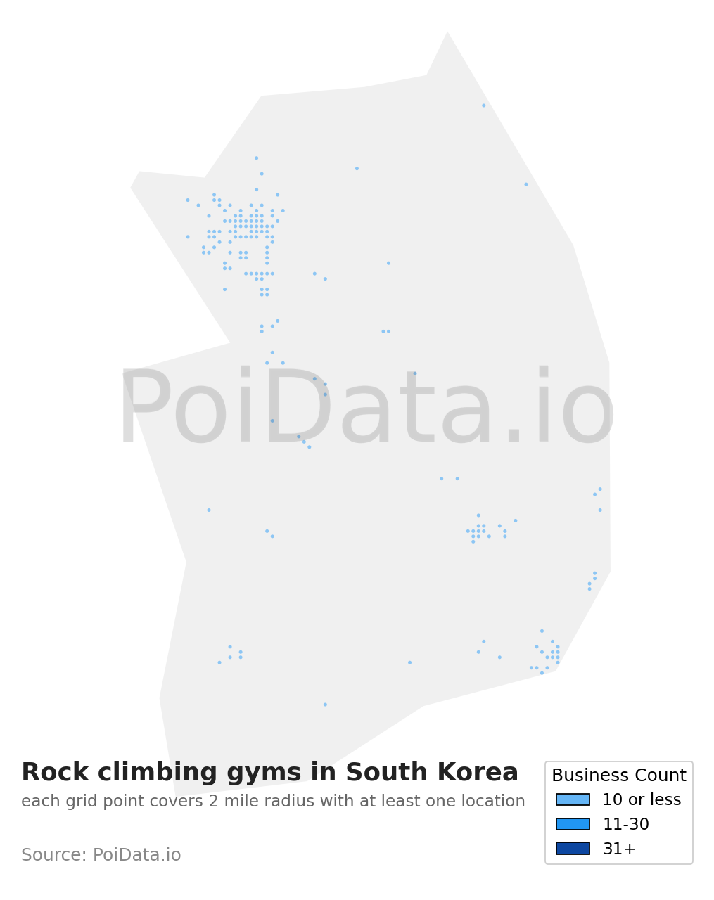 Rock climbing gym density map for South Korea