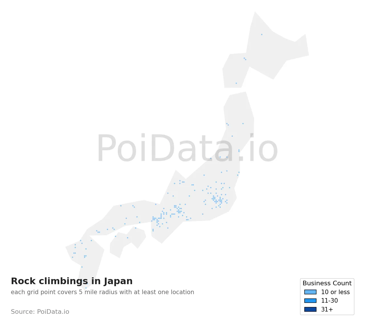 Rock climbing density map for Japan