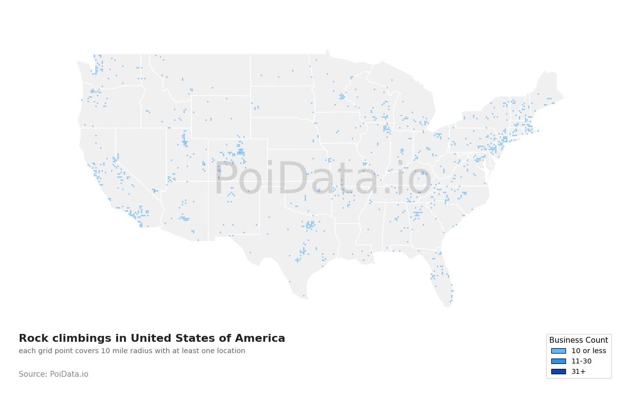 Rock climbing density map for Maryland, United States