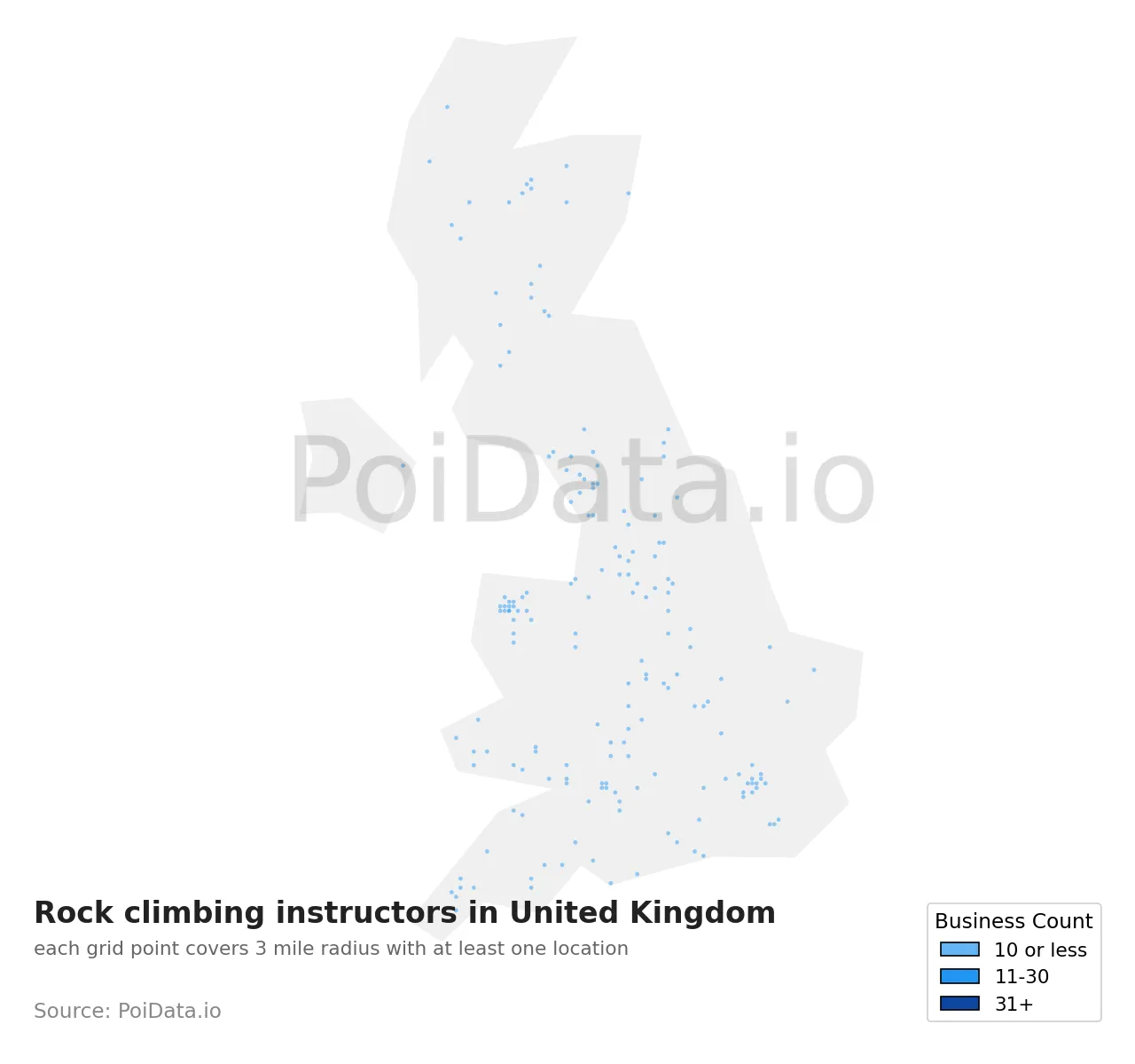Rock climbing instructor density map for United Kingdom