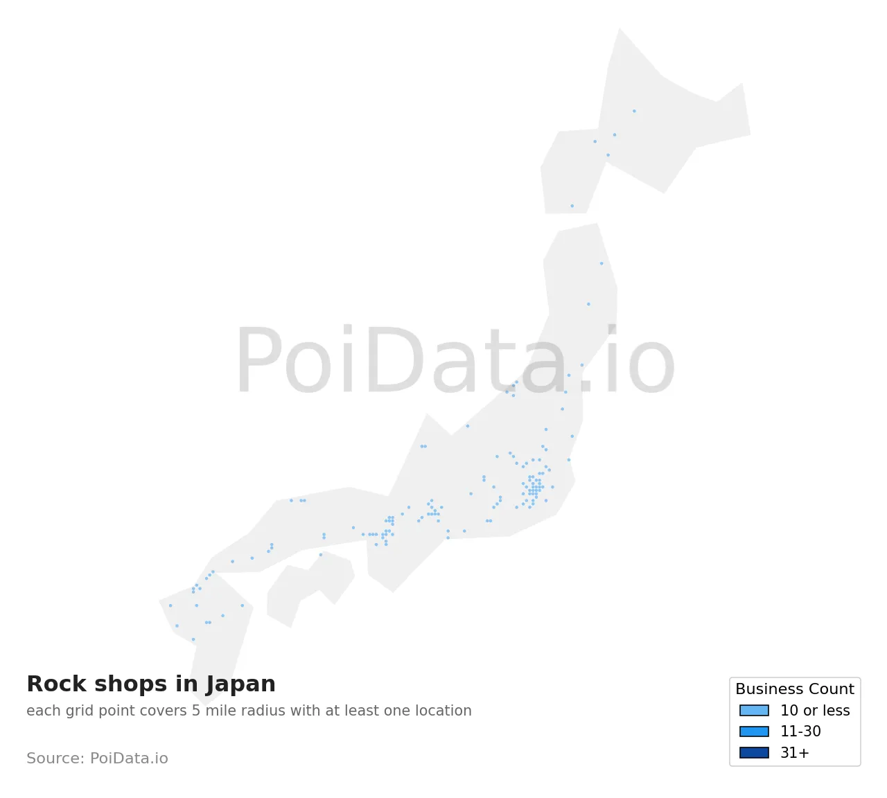 Rock shop density map for Japan