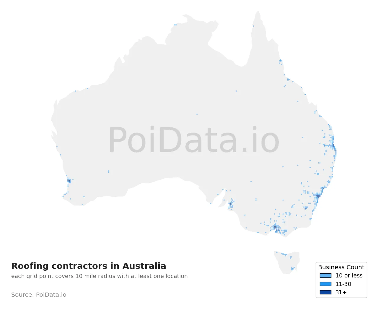Roofing contractor density map for Australia