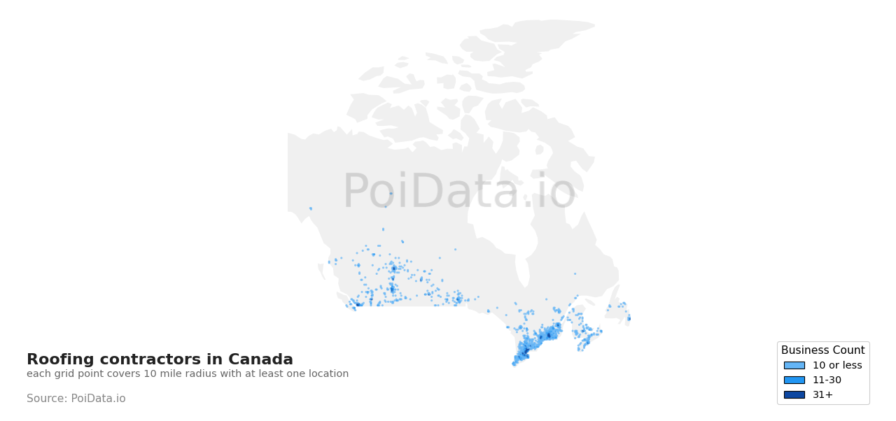 Roofing contractor density map for Canada
