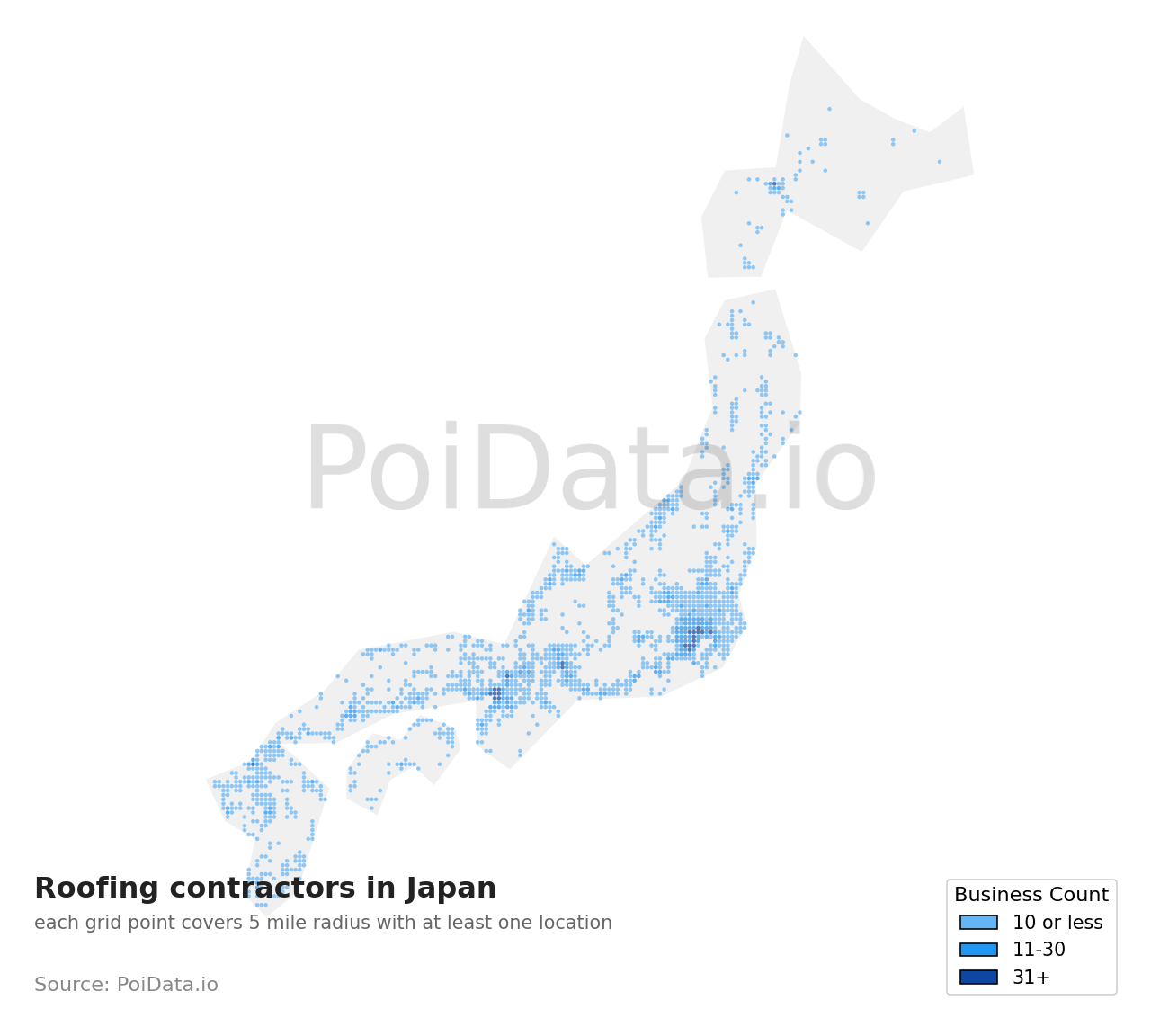 Roofing contractor density map for Japan