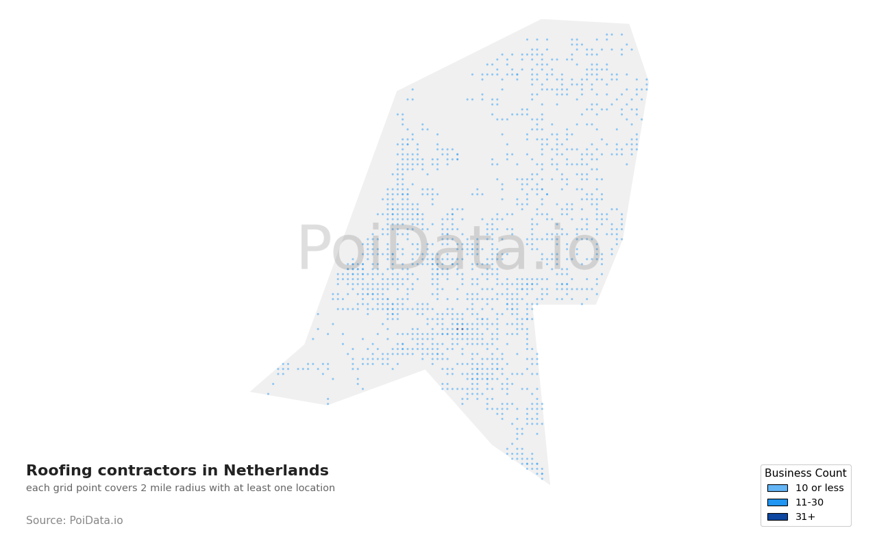 Roofing contractor density map for Netherlands