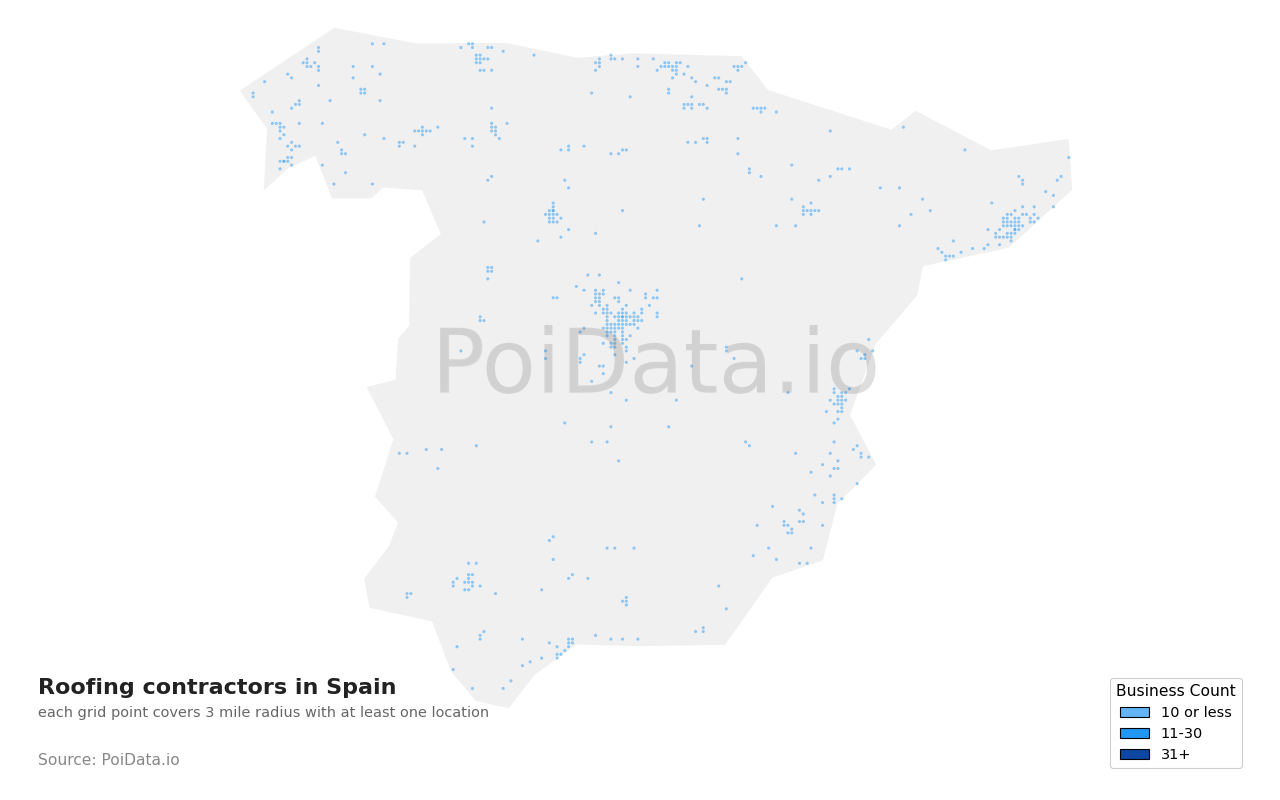 Roofing contractor density map for Spain