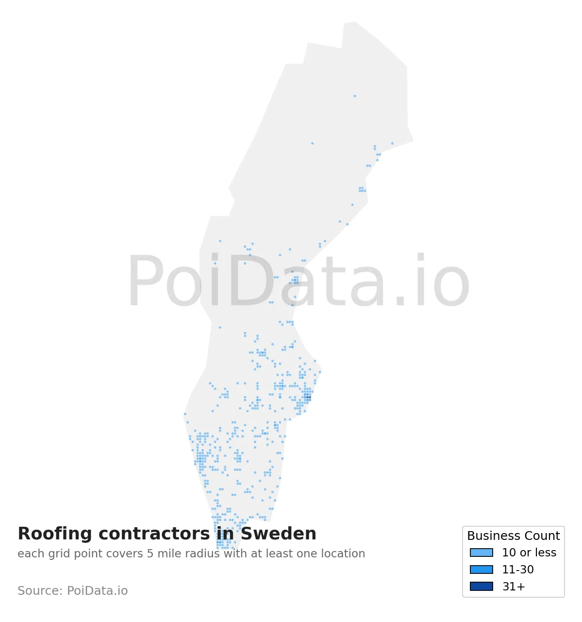 Roofing contractor density map for Sweden