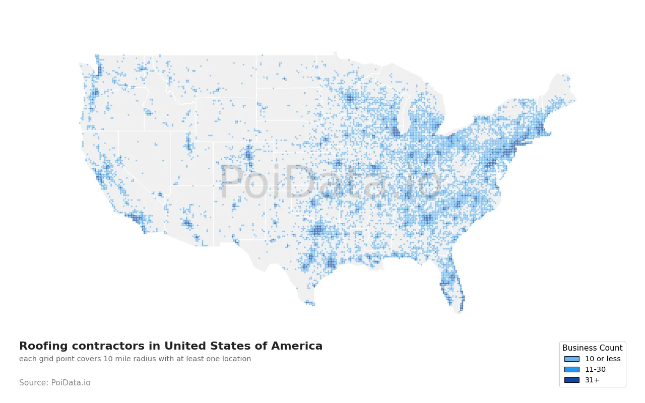 Roofing contractor density map for United States