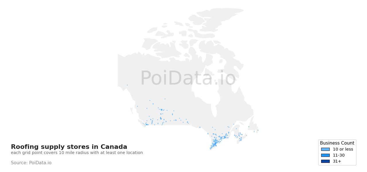 Roofing supply store density map for Alberta, Canada