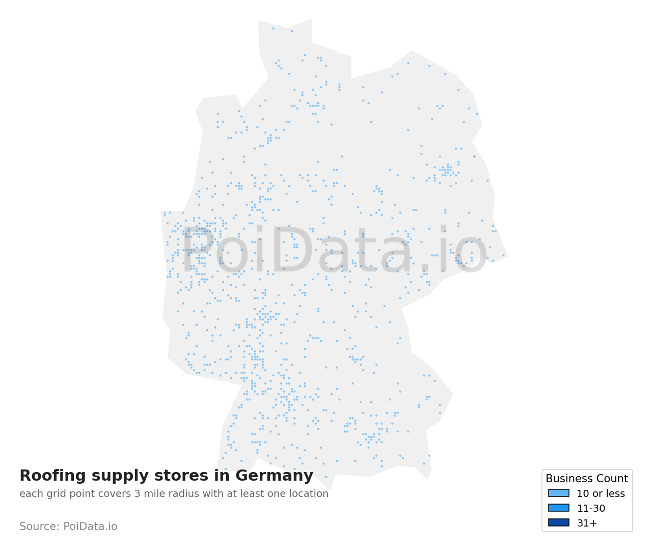 Roofing supply store density map for Germany