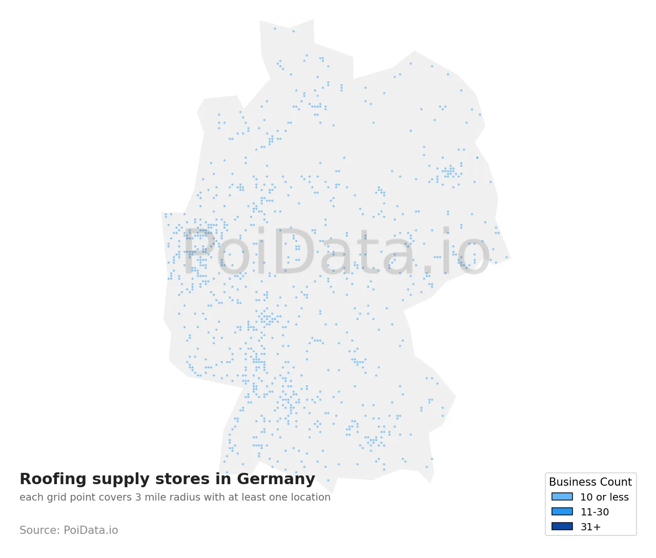 Roofing supply store density map for Germany