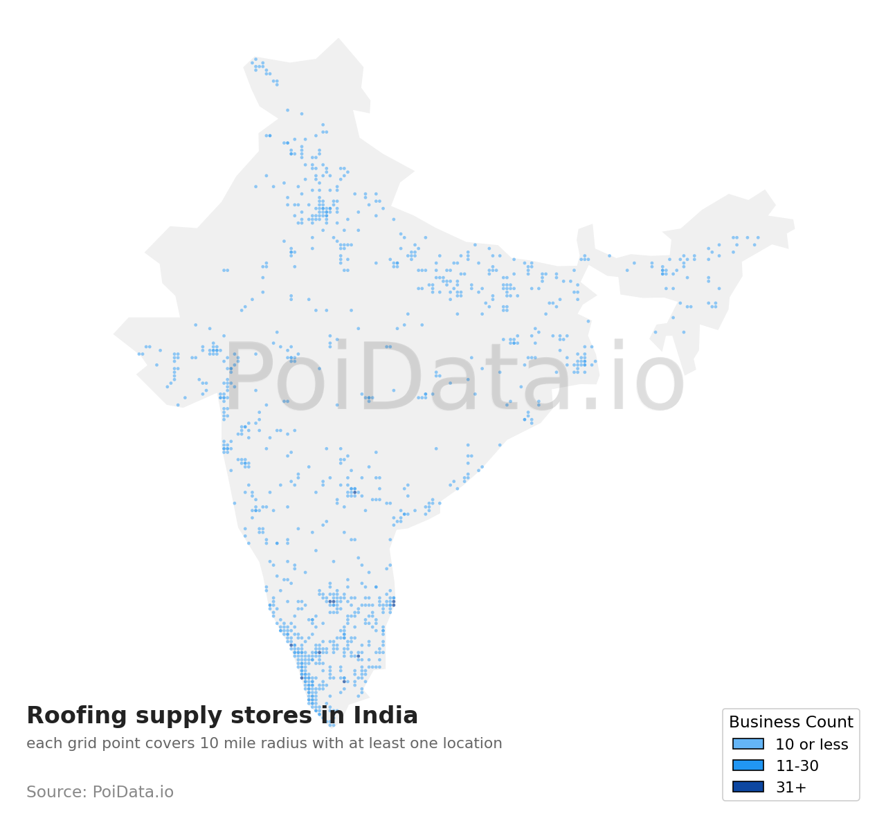 Roofing supply store density map for India