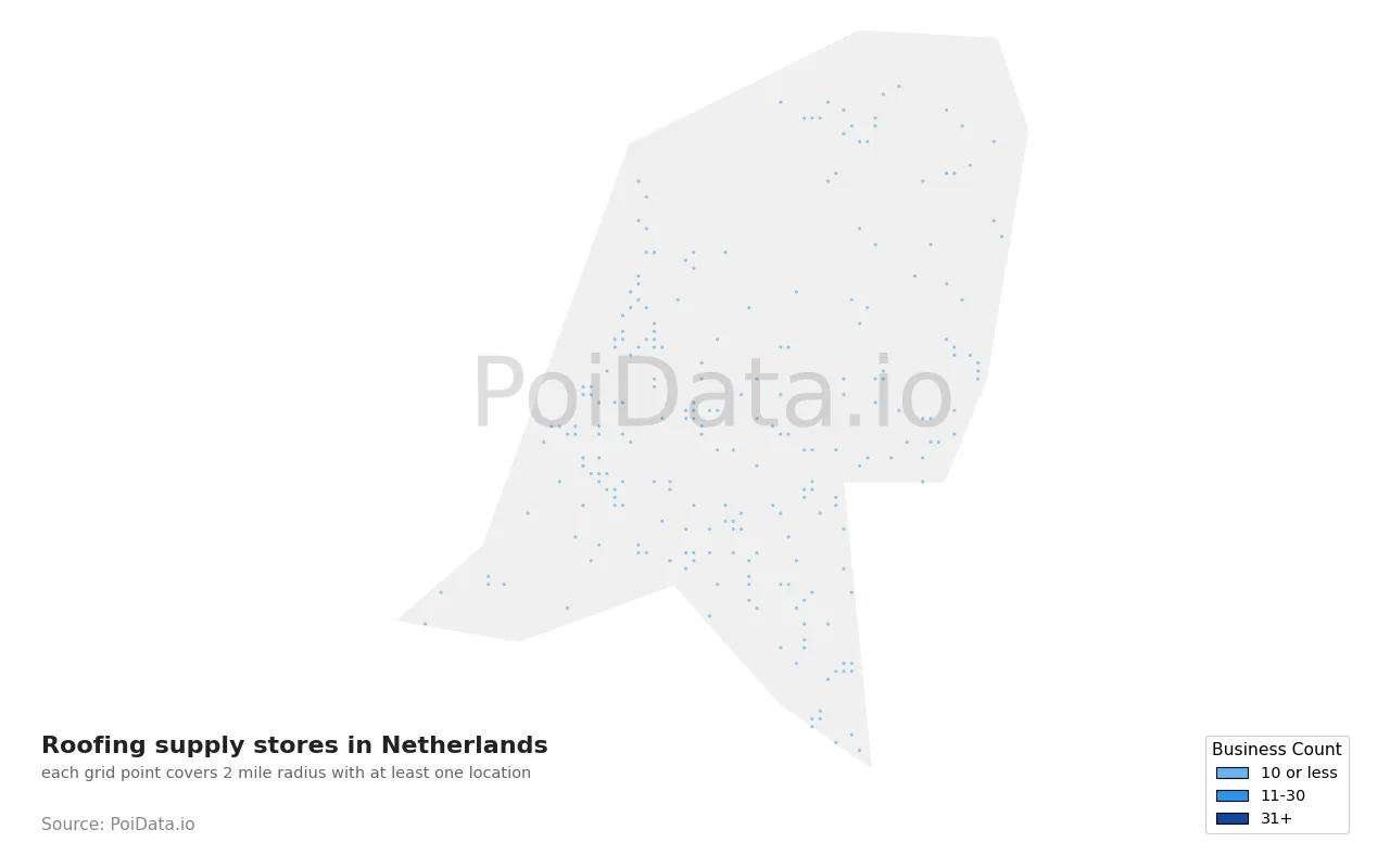 Roofing supply store density map for Netherlands