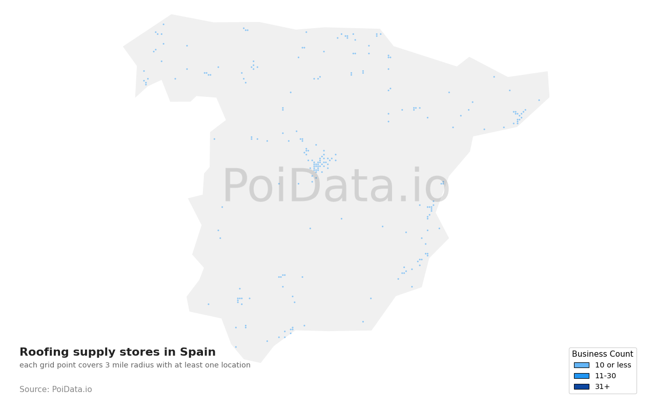 Roofing supply store density map for Spain