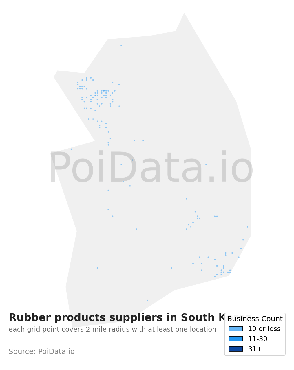 Rubber products supplier density map for South Korea