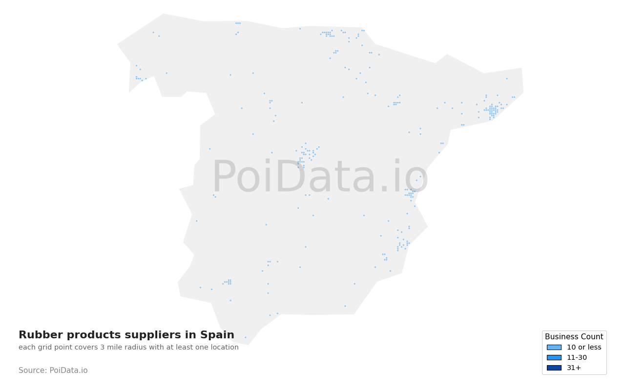 Rubber products supplier density map for Spain