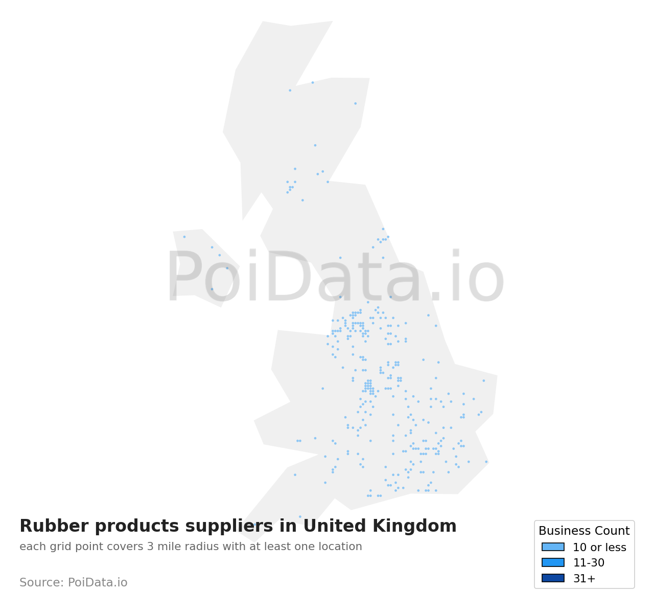 Rubber products supplier density map for United Kingdom