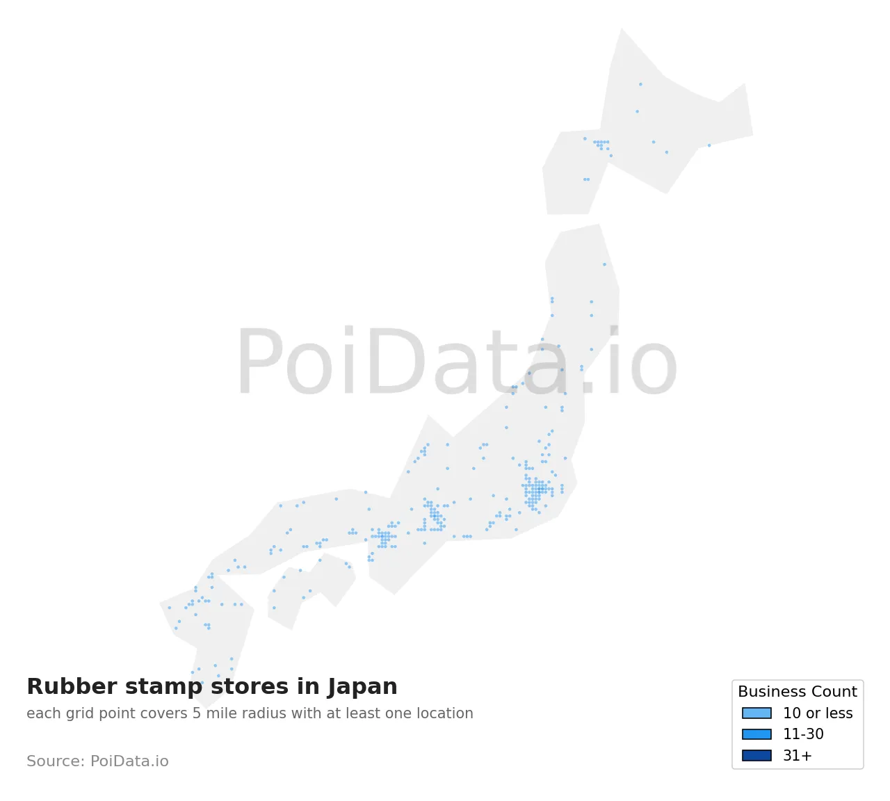 Rubber stamp store density map for Japan