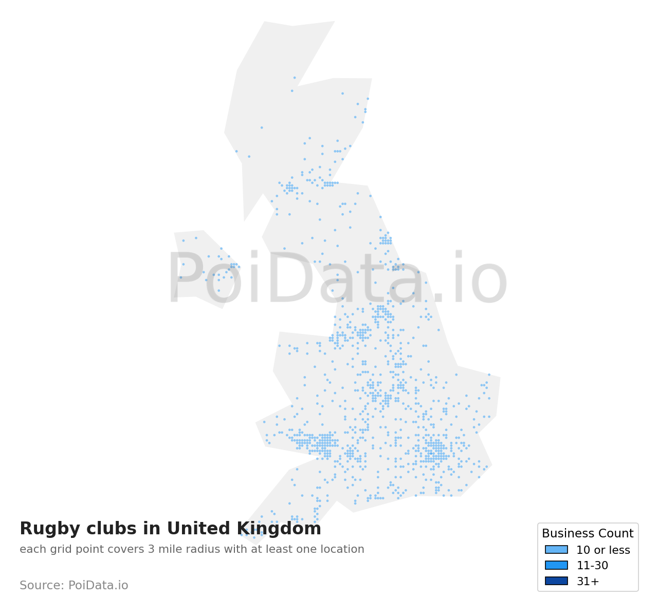 Rugby club density map for United Kingdom
