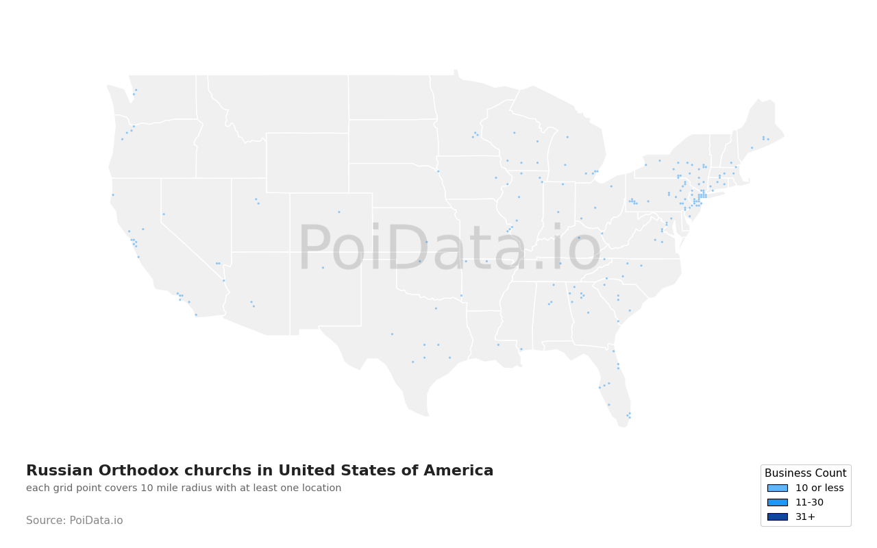 Russian Orthodox church density map for California, United States